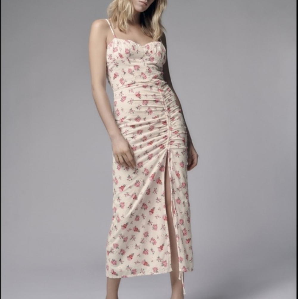 Zara Linen Blend Eyelet Floral Ruched Maxi Dress Bloggers Favorite Cottagecore S